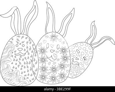 Black and white line art illustration featuring three cute Easter eggs with rabbit ears and smiling faces, decorated with various patterns like hearts Stock Vector