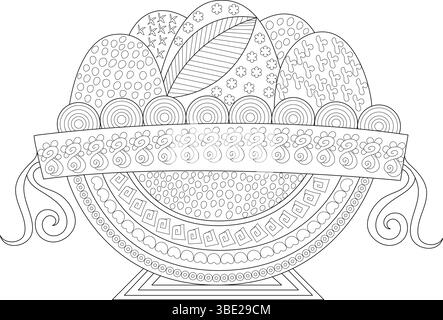 Black and white line drawing featuring a decorative bowl filled with abstractly patterned Easter eggs, adorned with a detailed ribbon and swirling ele Stock Vector