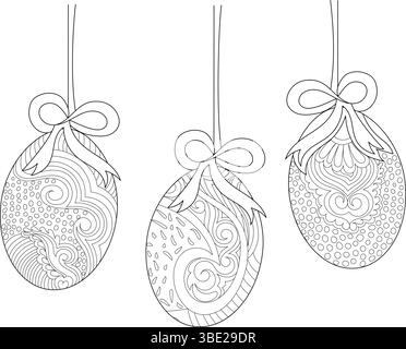 Black and white line art illustration of three detailed Easter eggs hanging from strings with bows. Each egg features unique, intricate patterns, perf Stock Vector