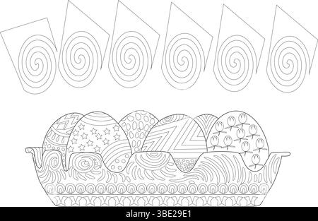 Black and white line drawing featuring patterned Easter eggs in a carton, accompanied by abstract swirl shapes above. Suitable for coloring pages, hol Stock Vector