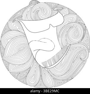 An intricate black and white line art illustration featuring a stylized capital letter L centered within a circular frame filled with detailed abstrac Stock Vector