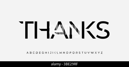 Futuristic geometric font spelling thanks in scifi minimal style. Bold abstract lettering with sharp techno forms. Perfect for cyberpunk posters, tech Stock Vector