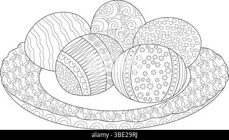 Black and white line art illustration featuring a collection of intricately patterned Easter eggs resting on a decorative plate. Each egg displays uni Stock Vector