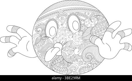 Black and white line art illustration of a funny cartoon emoji character with hands out and tongue sticking out, filled with intricate zentangle-style Stock Vector