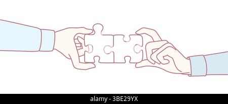 Two hands are connecting colorful puzzle pieces, symbolizing collaboration and the essence of teamwork Stock Vector