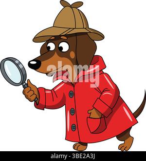 Cute Detective Dachshund Dog. Cute cartoon illustration of a dachshund dog dressed as a detective. The dog wears a deerstalker hat and a red coat, hol Stock Vector