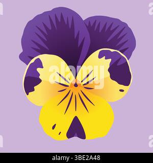 Stylized illustration of a pansy flower with vibrant yellow and deep purple petals on a soft lavender background Stock Vector