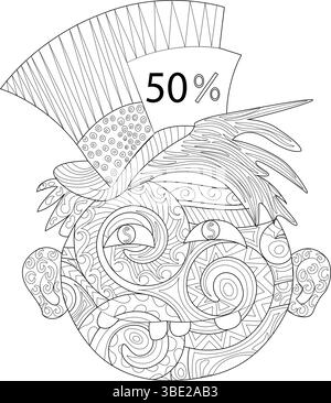 Black and white line art illustration of a whimsical face wearing a top hat with 50%. The face is filled with intricate, abstract, zentangle-style pat Stock Vector