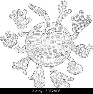 Detailed black and white line art illustration of a whimsical character or emoji-like creature with a happy face and multiple limbs, each filled with Stock Vector