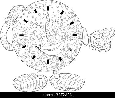 Black and white line art illustration of a smiling cartoon clock character with arms and legs, decorated with abstract patterns and stars. Ideal as a Stock Vector