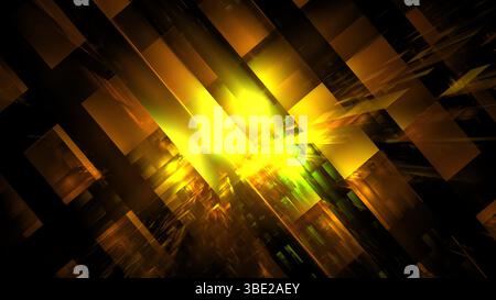 vibrant design features interlocking geometric shapes illuminated in bright yellow and green light. contrasting dark background enhances the dynamic v Stock Photo