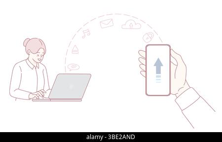 A woman is working on her laptop and sharing data via mobile technology for better productivity and efficiency Stock Vector