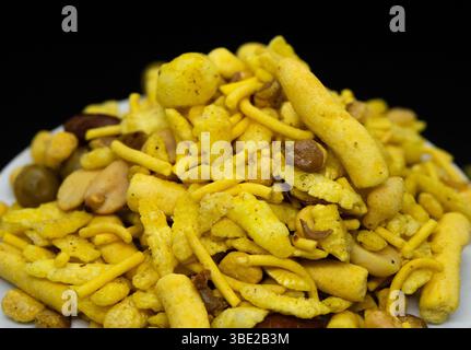 Assorted Indian Tea-Time Snacks in Sectioned White Wooden Box – Selective Focus Stock Photo