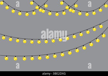 String light garlands. Yellow glowing bulbs. Vector party decoration. Gray festive background. Stock Vector