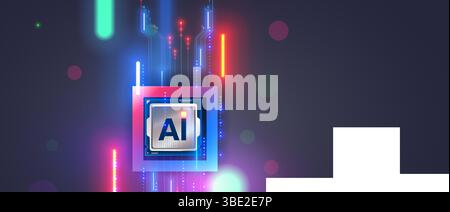 AI chip wallpaper. Electronic chip or CPU with core AI in neon light with pcb lines. Processor with letters AI front view. Chip for neural networks. H Stock Vector