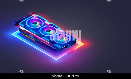 Gaming video card with neon backlight in isometry, A video card with three coolers, rgb led lights levitates in cyberspace. Modern graphics card. Comp Stock Vector