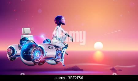 An astronaut girl on Mars sits on a futuristic transport. A female Mars explorer astronaut in the desert on Mars looks at the sunset. Sci-fi illustrat Stock Vector