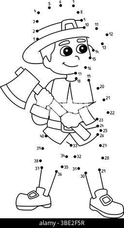 Dot to Dot Pilgrim Boy Holding an Axe Isolated  Stock Vector