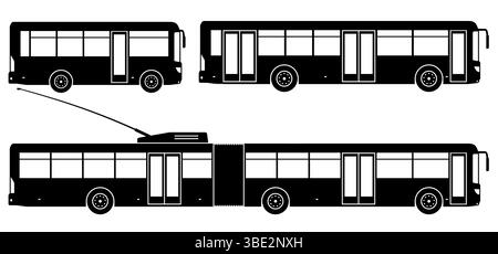 Shuttle buses silhouette isolated vector illustration. City transport icons set view from the side. Stock Vector