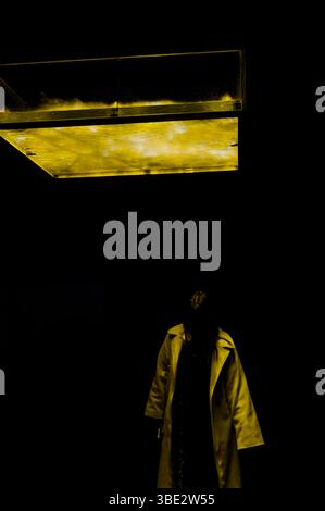 Lone visitor stands beneath a yellow glowing installation at the Museum of Contemporary Art Tokyo. Stock Photo