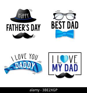 Realistic Father's day badges collection with mans hat, mustache, glasses, bow, tie and paper heart. Decorative labels - Best Dad, Happy Father's Day Stock Vector