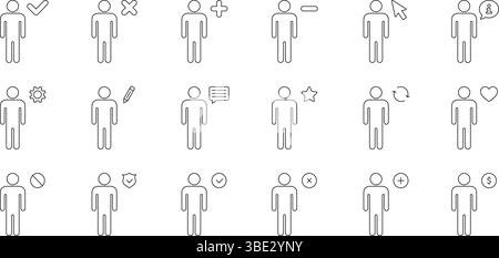 Human Interaction And Status Icons Set. User Engagement, Profile Management, And Social Interaction Outline Symbol Collection. Editable Stroke Stock Vector
