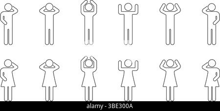 Human Figure Gesture Line Icon Set. Expressive Body Language And Communication Outline Symbol Collection. Various Poses And Emotions. Editable Stroke Stock Vector