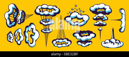 Comic cloud explosion with cartoon speed lines, motion effect, and smoke puffs on yellow background. Cartoon and comic cloud elements for dynamic Stock Vector
