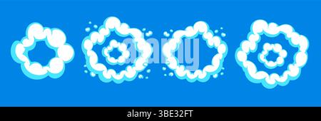 Cartoon comic puff cloud explosion with white smoke and dust effect on bright blue background. Cloud and explosion elements in cartoon vector style Stock Vector