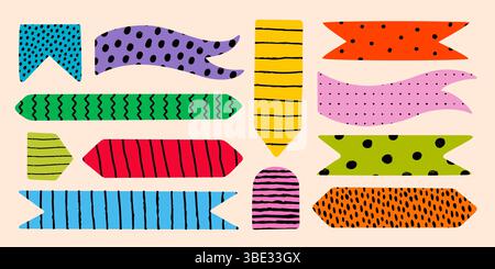 Shape sticker and abstract paper note set with colorful ribbons, memo elements, and torn bookmark designs. Perfect for diary decoration, creative Stock Vector