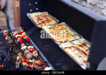 Grilled cheese and colorful skewers being grilling on the large metal grill Stock Photo