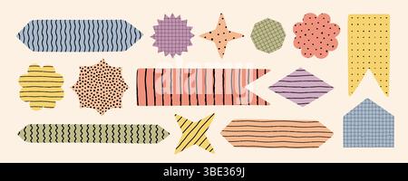 Neutral abstract note, shape, sticker, and bookmark collection with hand drawn pattern. Ideal for paper design, memo decoration, diary elements Stock Vector