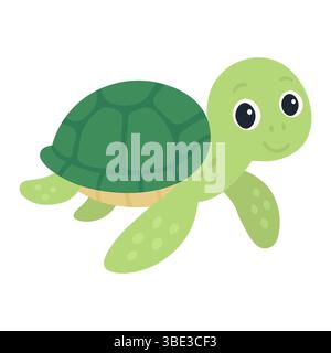Cute green turtle cartoon. Smiling sea turtle character. Baby tortoise illustration. Stock Vector