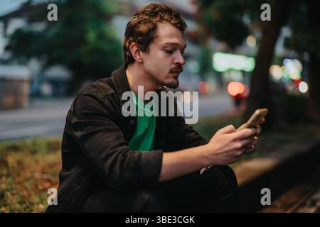 Young male sitting outdoors, looking at a smart phone during dusk Stock Photo