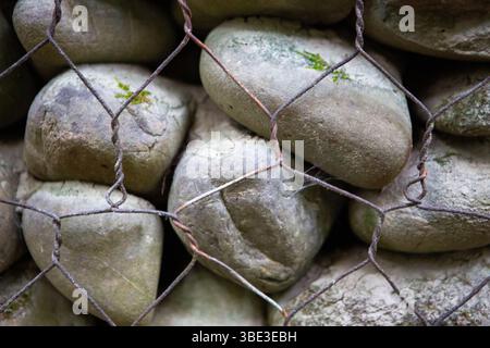 Gabion wall close up displaying textured river stones wire mesh. Stock Photo