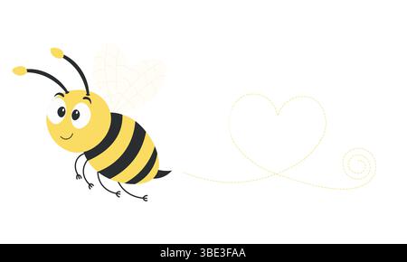 Bee flight trajectory. Bee flies along a dotted line in the shape of a heart. Vector illustration. Stock Vector