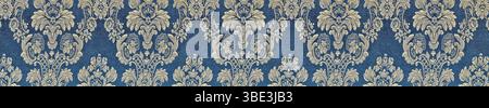 drape of elegant damask silk fabric with golden floral pattern on blue background Stock Photo