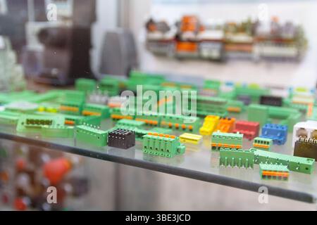 Terminals and other samples of the electrical engineering industry on the store display. Industry Stock Photo