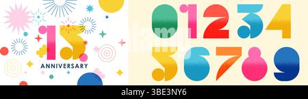Colorful geometric numbers and fireworks set. Birthday, anniversary, new year card design elements on white background. Vector trendy flat illustratio Stock Vector