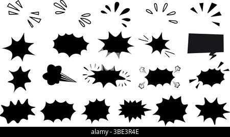 Comic style boom, explosion, and speech bubbles set. Black silhouette design for pop art and retro illustrations. Stock Vector