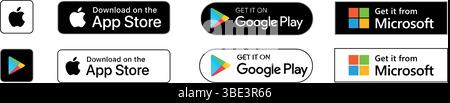 Apple App Store, Google Play, Microsoft Store Download Buttons Set on Transparent Background. Stock Vector