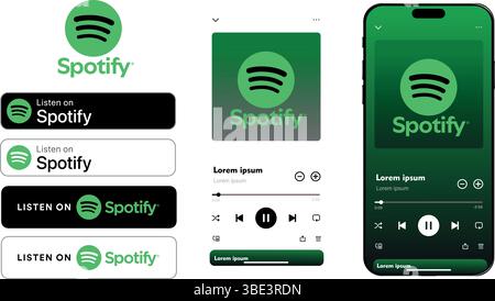 Spotify UI mockup with interface icons 2025. Editorial iPhone screen template showing Spotify pages. Smartphone screen vector illustration. Stock Vector