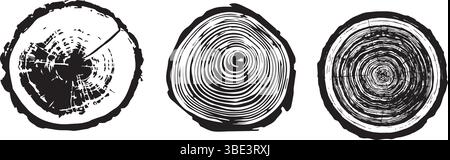Collection of tree cross-sections. Set of tree stumps with annual rings. Natural wood texture, tree slices, vector illustration. Stock Vector