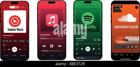 Spotify, Apple Music, YouTube Music , Soundcloud interfaces icons. Editorial interface mockup of Spotify. Vector Illustration Stock Vector