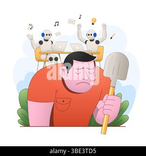 Sad character of man with shovel and cheerful robots at office desks. Concept of replacing intellectual work with technologies. Vector illustration. Stock Vector