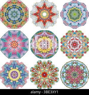 Decorative round ornaments. Unusual flower shape. Oriental vector, Anti-stress therapy patterns. Weave design elements. Yoga logos Vector. Stock Vector