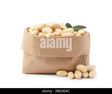 Peeled peanuts in paper bag isolated on white Stock Photo