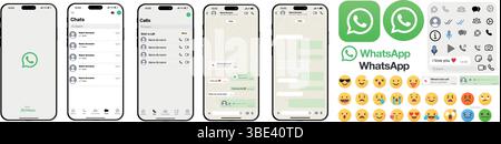 WhatsApp mockup. Update 2025. Communication interface showcasing messaging and call features on smartphone displays. VINNITSA, UKRAINE - APRIL 2025 Stock Vector