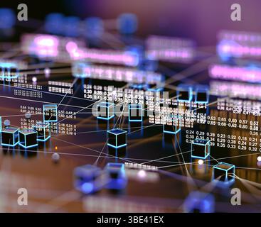 Data volume analysis and computer science industry.3d illustration.Data structure and information tools for networking business.Abstract and digital. Stock Photo