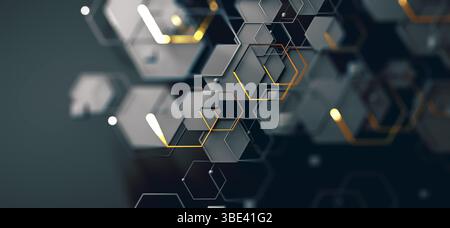 Abstract background of technology and science. Mesh or net with lines and geometric shapes detail.3d illustration. Cloud and computer concept Stock Photo